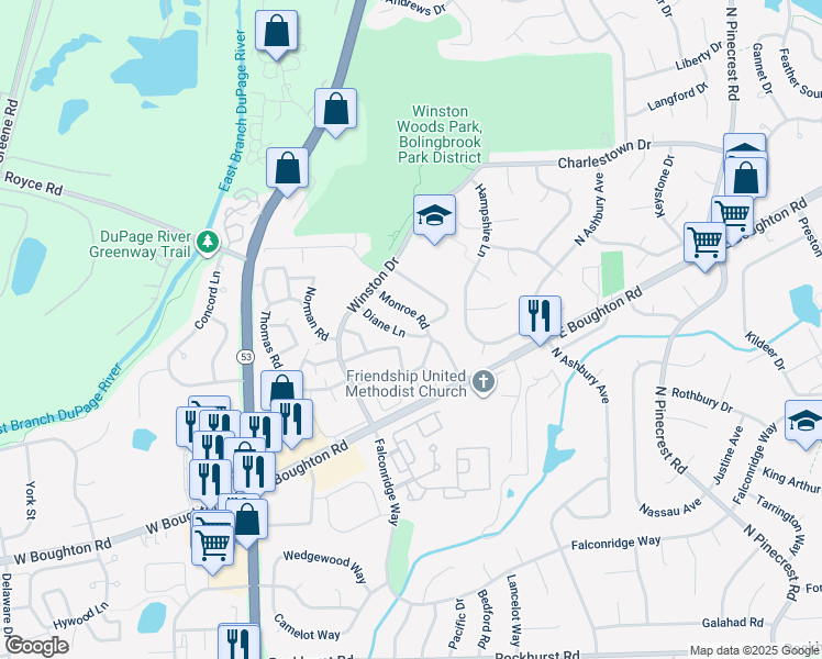 map of restaurants, bars, coffee shops, grocery stores, and more near 242 Diane Lane in Bolingbrook
