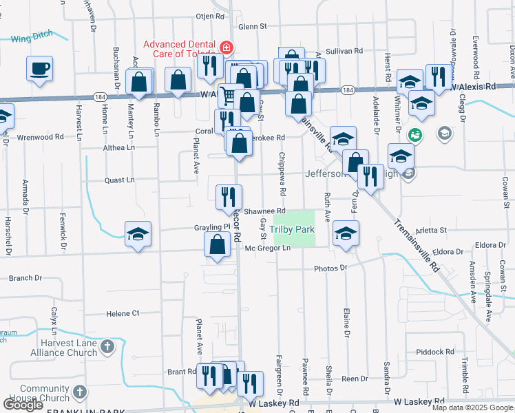 map of restaurants, bars, coffee shops, grocery stores, and more near 5505 Gay Street in Toledo