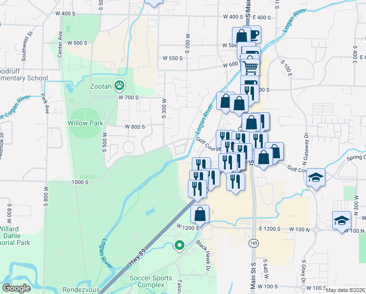 map of restaurants, bars, coffee shops, grocery stores, and more near 238 West 1010 South in Logan