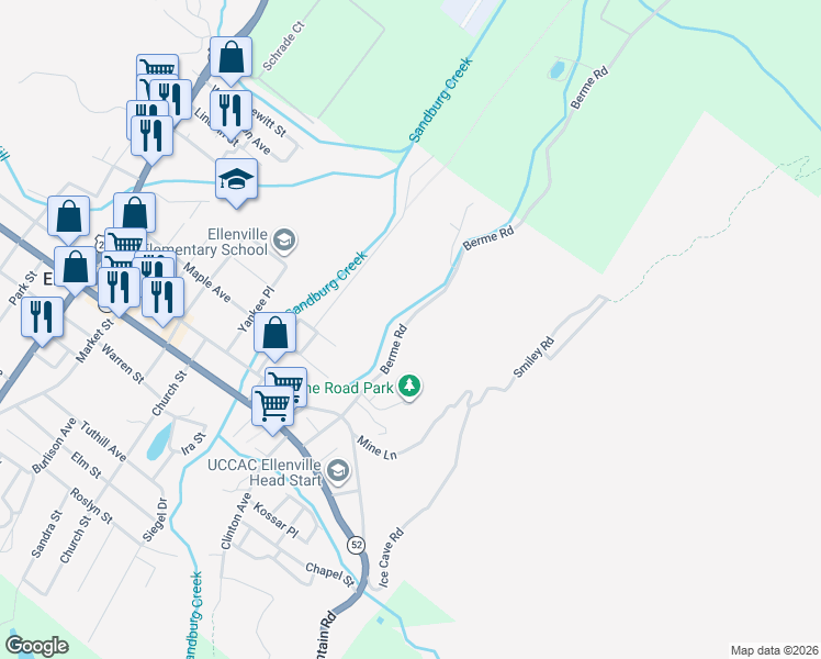 map of restaurants, bars, coffee shops, grocery stores, and more near 60 Berme Road in Ellenville