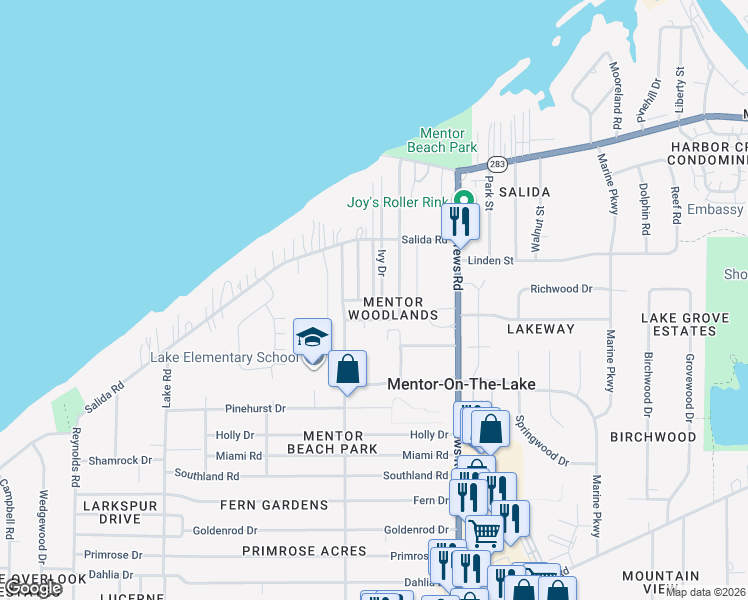 map of restaurants, bars, coffee shops, grocery stores, and more near 5741 Ivy Drive in Mentor-on-the-Lake