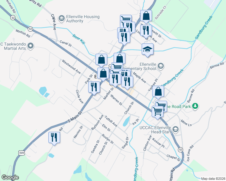 map of restaurants, bars, coffee shops, grocery stores, and more near 44 Warren Street in Ellenville