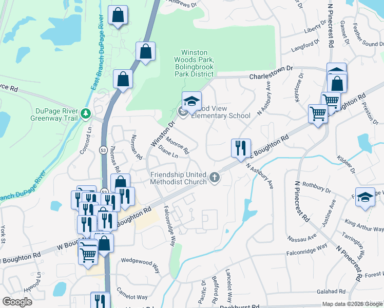 map of restaurants, bars, coffee shops, grocery stores, and more near 540 Porter Lane in Bolingbrook