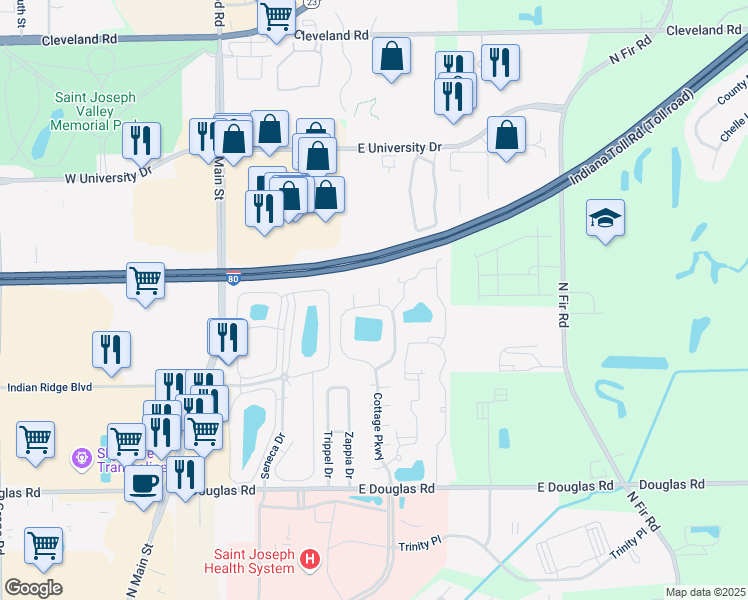 map of restaurants, bars, coffee shops, grocery stores, and more near 6103 Rockefeller Court in Mishawaka