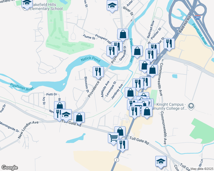 map of restaurants, bars, coffee shops, grocery stores, and more near 20 1/2 Adelaide Avenue in Warwick