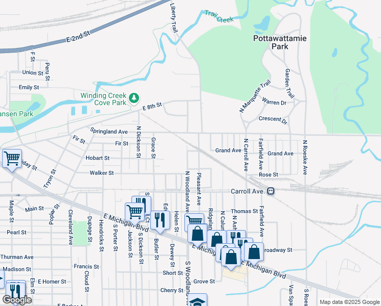 map of restaurants, bars, coffee shops, grocery stores, and more near 516 Pleasant Avenue in Michigan City