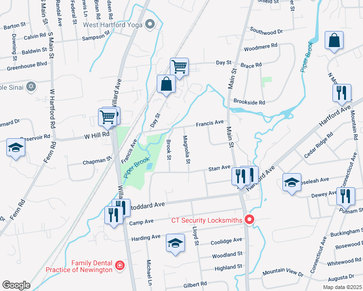 map of restaurants, bars, coffee shops, grocery stores, and more near 56 Brook Street in Newington