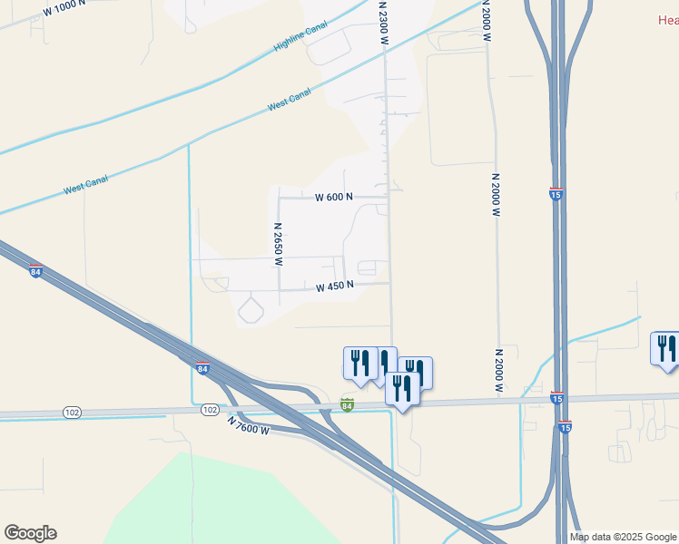 map of restaurants, bars, coffee shops, grocery stores, and more near 2455 West 450 North in Tremonton