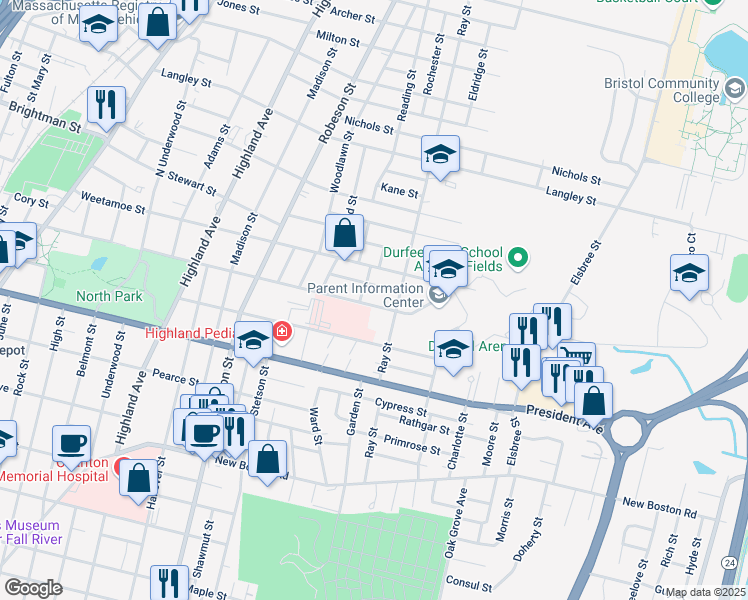map of restaurants, bars, coffee shops, grocery stores, and more near 360 Ray Street in Fall River