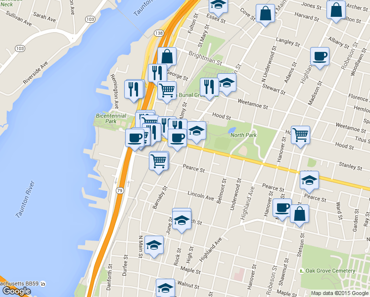map of restaurants, bars, coffee shops, grocery stores, and more near 708 June Street in Fall River