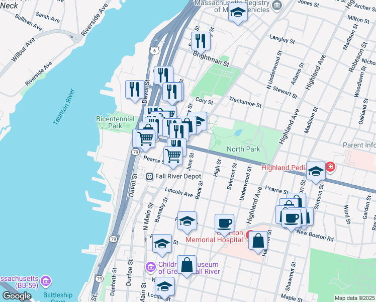 map of restaurants, bars, coffee shops, grocery stores, and more near 708 June Street in Fall River