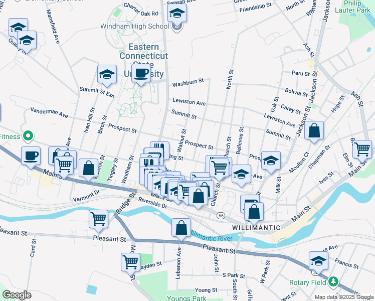 map of restaurants, bars, coffee shops, grocery stores, and more near 88 Spring Street in Windham