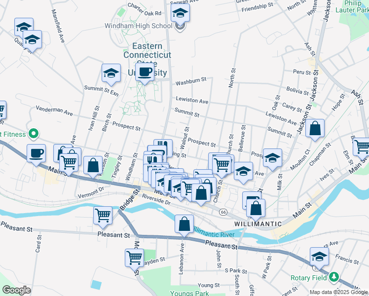 map of restaurants, bars, coffee shops, grocery stores, and more near 88 Spring Street in Windham