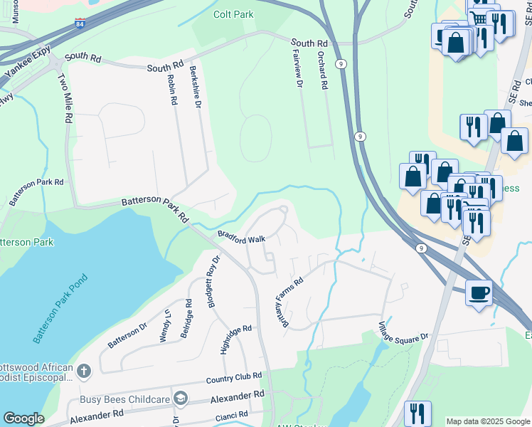 map of restaurants, bars, coffee shops, grocery stores, and more near 1 Bradford Walk in Farmington