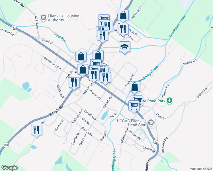 map of restaurants, bars, coffee shops, grocery stores, and more near 104 Center Street in Ellenville