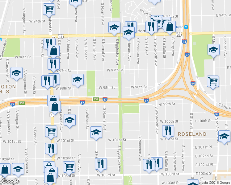 map of restaurants, bars, coffee shops, grocery stores, and more near 9826 South Eggleston Avenue in Chicago
