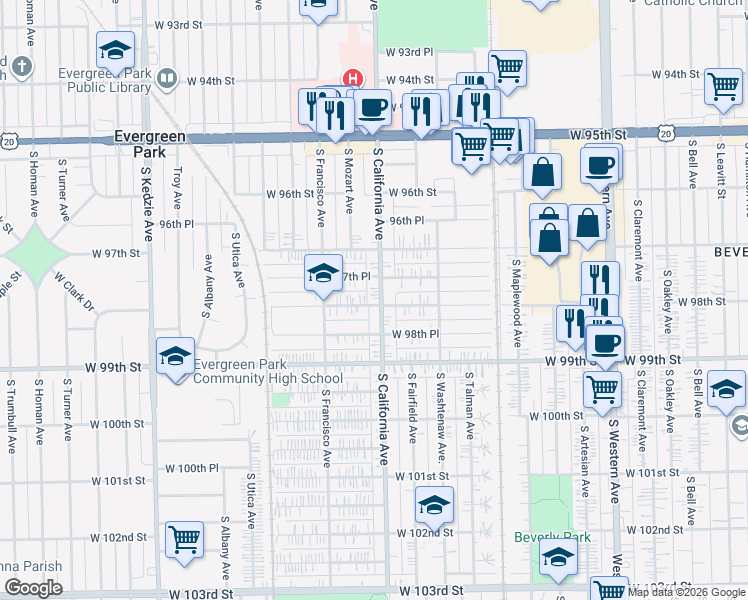map of restaurants, bars, coffee shops, grocery stores, and more near 9809 South California Avenue in Evergreen Park