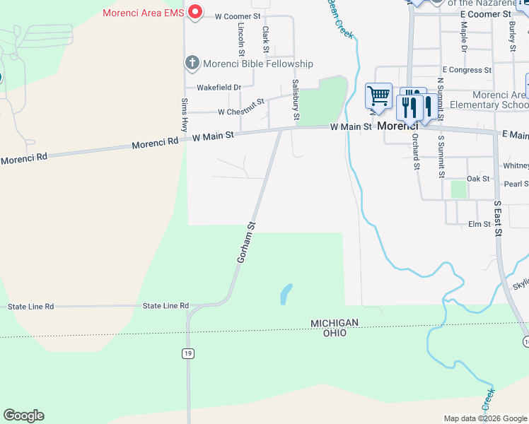 map of restaurants, bars, coffee shops, grocery stores, and more near 300 Gorham Street in Morenci