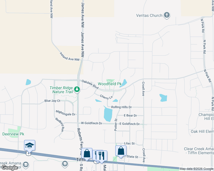 map of restaurants, bars, coffee shops, grocery stores, and more near Oakdale Boulevard in Tiffin
