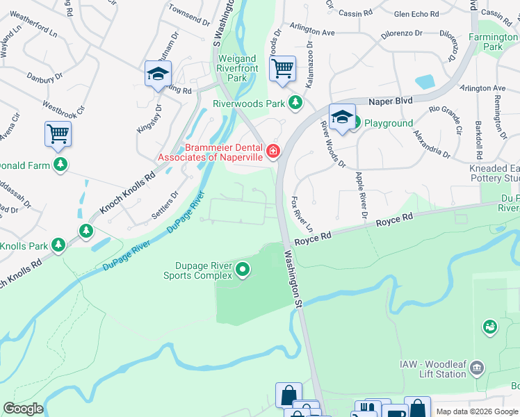 map of restaurants, bars, coffee shops, grocery stores, and more near 23 Baker Lane in Naperville