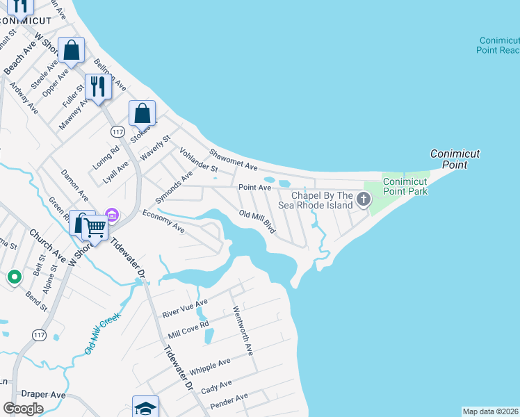 map of restaurants, bars, coffee shops, grocery stores, and more near 118 Old Mill Boulevard in Warwick