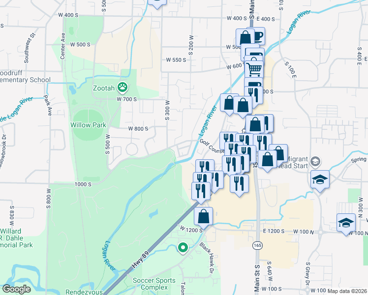 map of restaurants, bars, coffee shops, grocery stores, and more near 276 West 1030 South in Logan