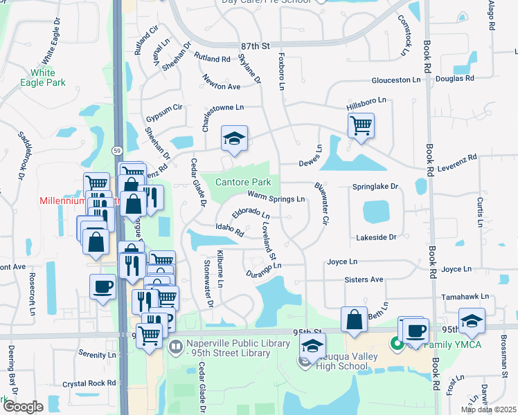map of restaurants, bars, coffee shops, grocery stores, and more near 2529 Eldorado Lane in Naperville