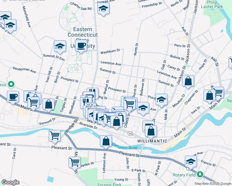 map of restaurants, bars, coffee shops, grocery stores, and more near 27 Chestnut Street in Windham