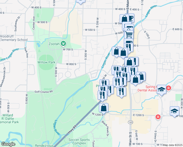 map of restaurants, bars, coffee shops, grocery stores, and more near 273 West 1010 South in Logan