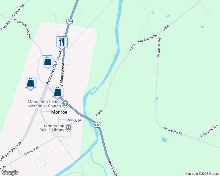 map of restaurants, bars, coffee shops, grocery stores, and more near 247 Woodside Road in Towanda
