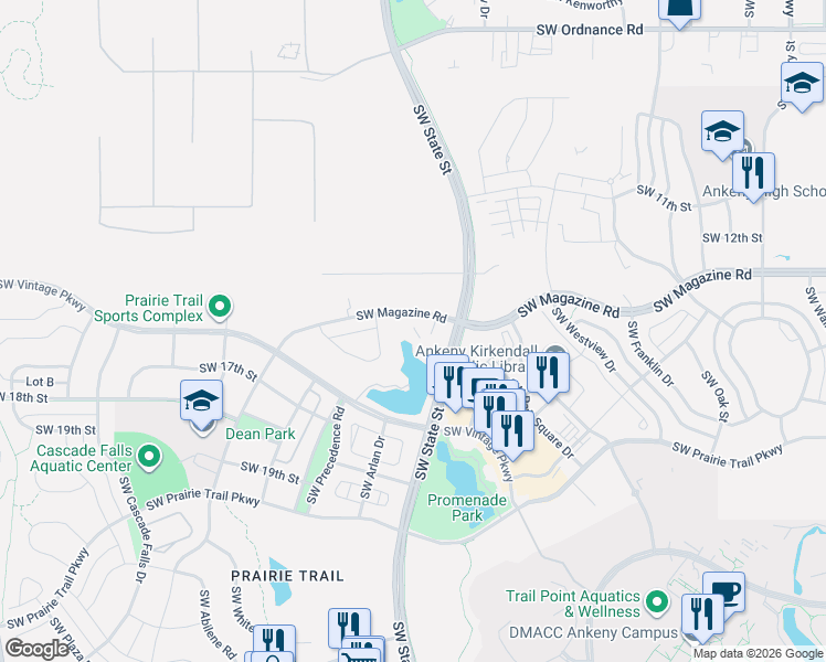 map of restaurants, bars, coffee shops, grocery stores, and more near 1823 Southwest Vera Cruz Lane in Ankeny