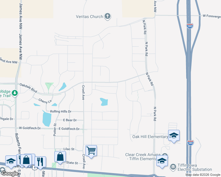 map of restaurants, bars, coffee shops, grocery stores, and more near 699 Rolling Hills Drive in Tiffin
