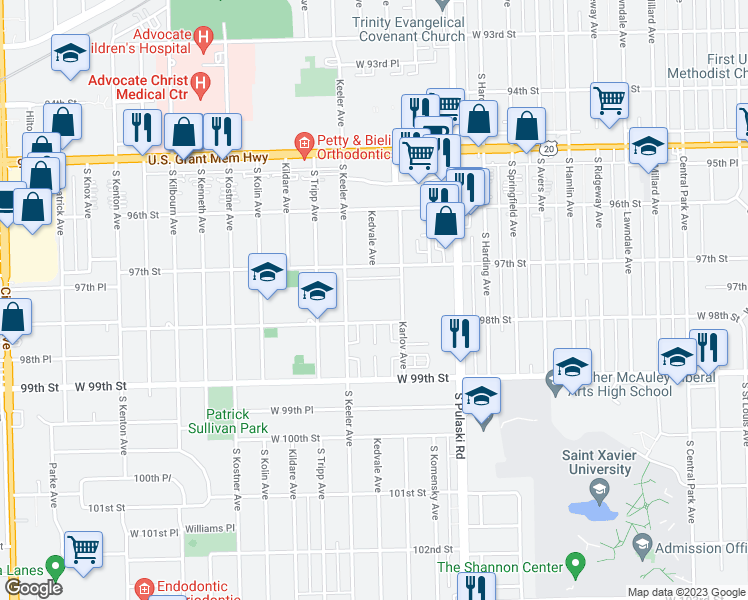 map of restaurants, bars, coffee shops, grocery stores, and more near 4112 West 98th Street in Oak Lawn