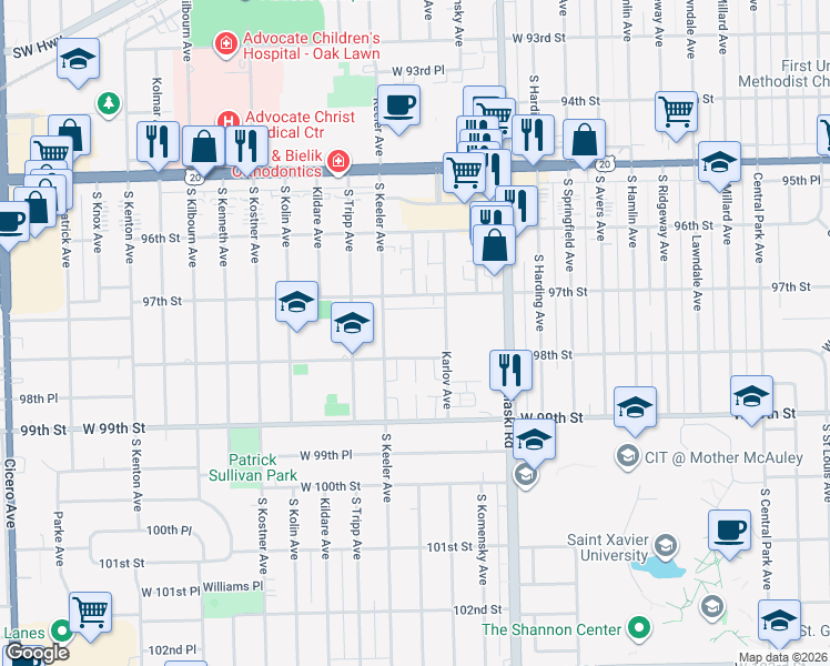 map of restaurants, bars, coffee shops, grocery stores, and more near 4125 West 97th Place in Oak Lawn