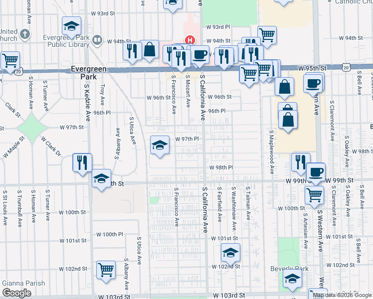 map of restaurants, bars, coffee shops, grocery stores, and more near 2823 West 98th Street in Evergreen Park