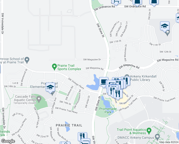 map of restaurants, bars, coffee shops, grocery stores, and more near 1803 Southwest Vera Cruz Lane in Ankeny