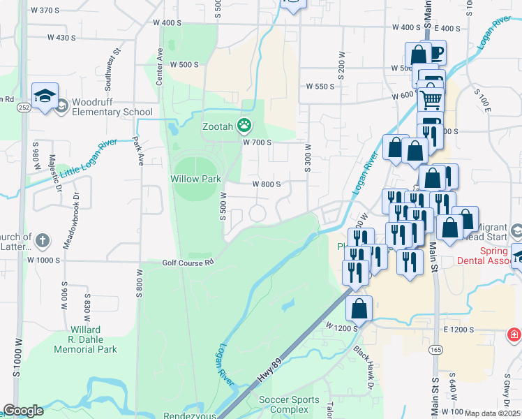 map of restaurants, bars, coffee shops, grocery stores, and more near 350 West 800 South in Logan