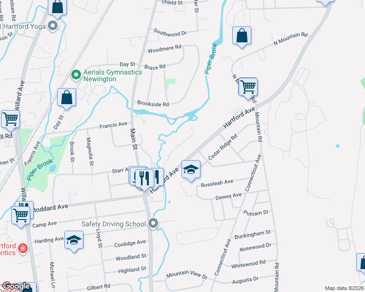 map of restaurants, bars, coffee shops, grocery stores, and more near 102 Hartford Avenue in Newington