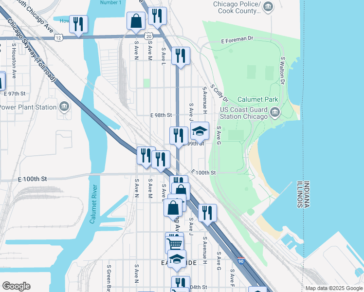 map of restaurants, bars, coffee shops, grocery stores, and more near 9916 South Ewing Avenue in Chicago