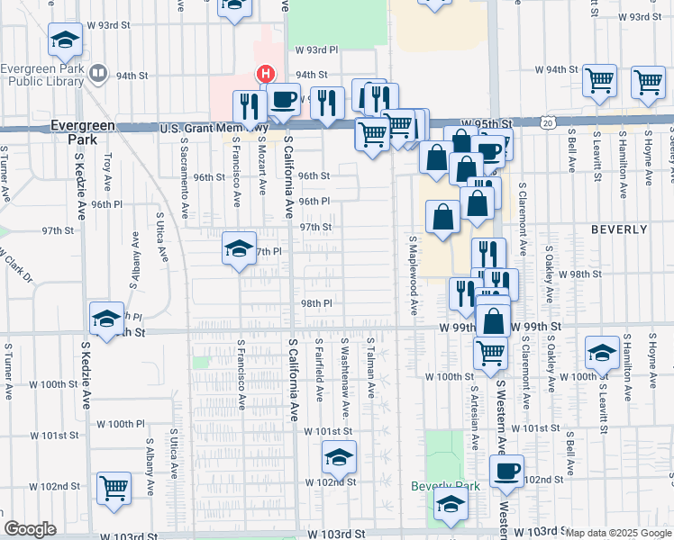 map of restaurants, bars, coffee shops, grocery stores, and more near 2717 West 98th Street in Evergreen Park