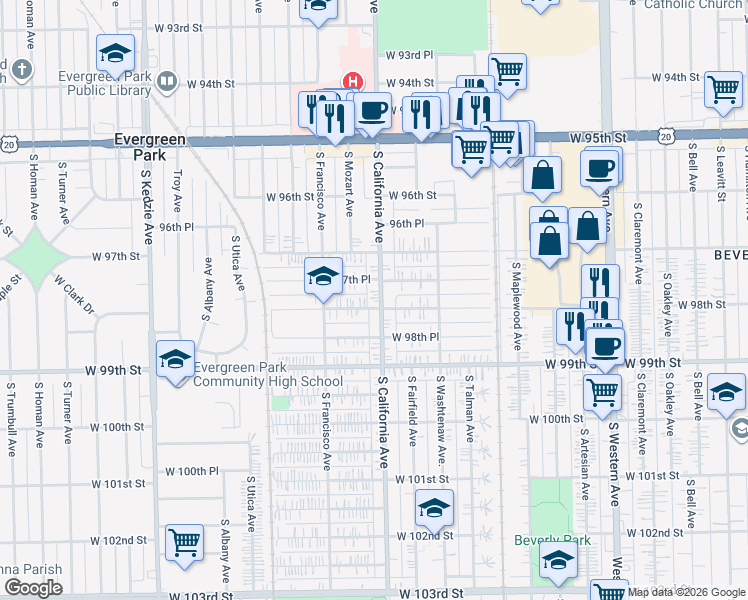 map of restaurants, bars, coffee shops, grocery stores, and more near 9809 South California Avenue in Evergreen Park