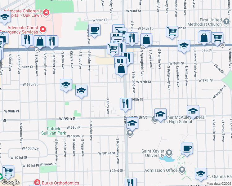 map of restaurants, bars, coffee shops, grocery stores, and more near 9745 Karlov Avenue in Oak Lawn