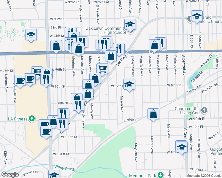 map of restaurants, bars, coffee shops, grocery stores, and more near 9721 McVicker Avenue in Oak Lawn
