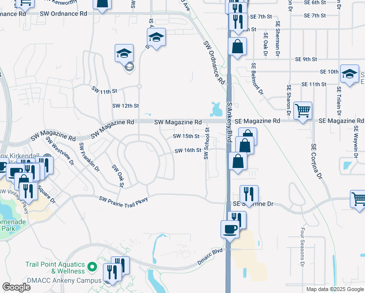 map of restaurants, bars, coffee shops, grocery stores, and more near 415 Southwest 16th Street in Ankeny