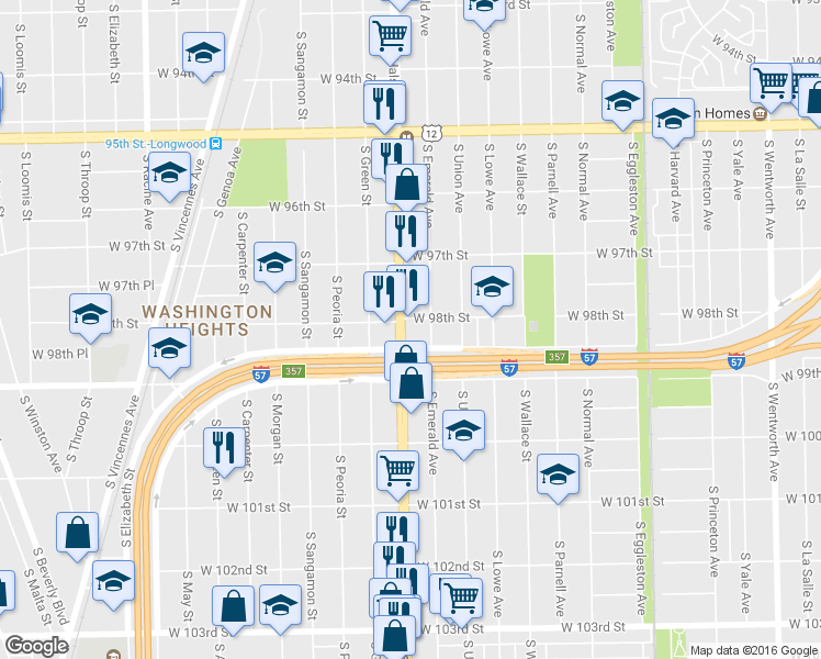 map of restaurants, bars, coffee shops, grocery stores, and more near 9809 S Halsted St in Chicago