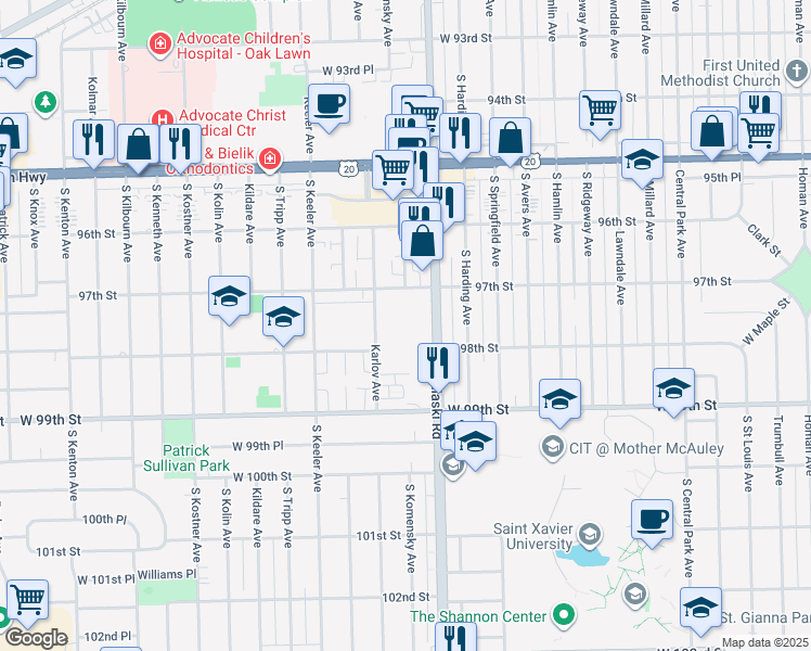 map of restaurants, bars, coffee shops, grocery stores, and more near 9745 Karlov Avenue in Oak Lawn