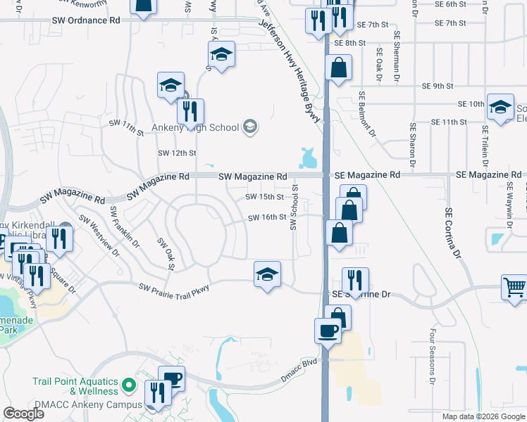 map of restaurants, bars, coffee shops, grocery stores, and more near 415 Southwest 16th Street in Ankeny