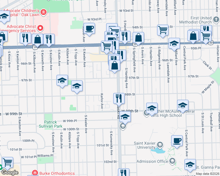 map of restaurants, bars, coffee shops, grocery stores, and more near 9745 Karlov Avenue in Oak Lawn