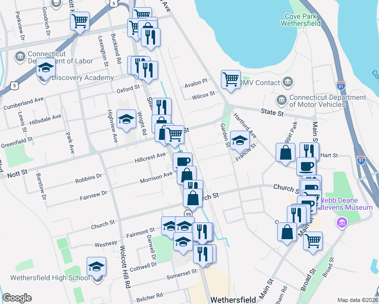 map of restaurants, bars, coffee shops, grocery stores, and more near 40 Stillman Walk in Wethersfield