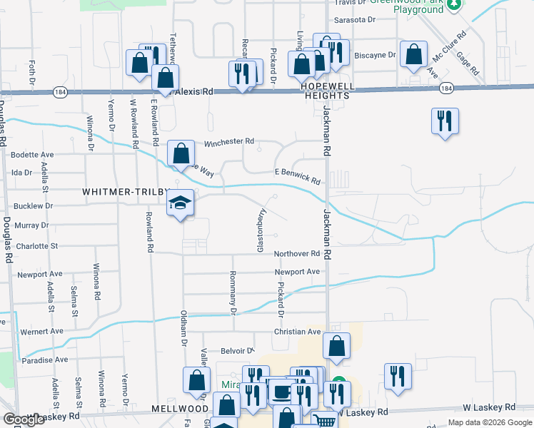 map of restaurants, bars, coffee shops, grocery stores, and more near 1793 Bucklew Drive in Toledo